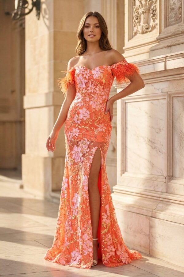 Orange Off-the-Shoulder Mermaid Lace Long Prom Dresses With Split