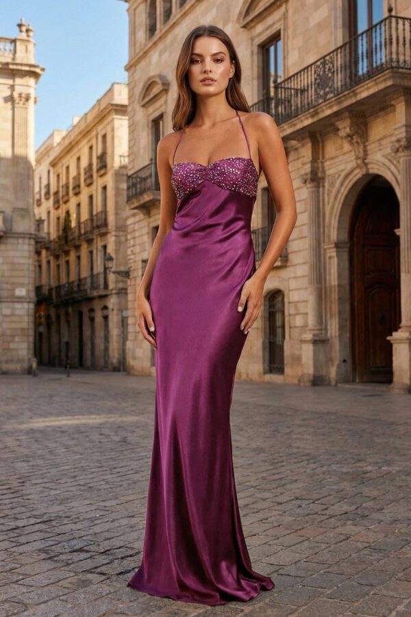 Magenta - Halter Sheath Satin Long Prom Dresses With Sequins